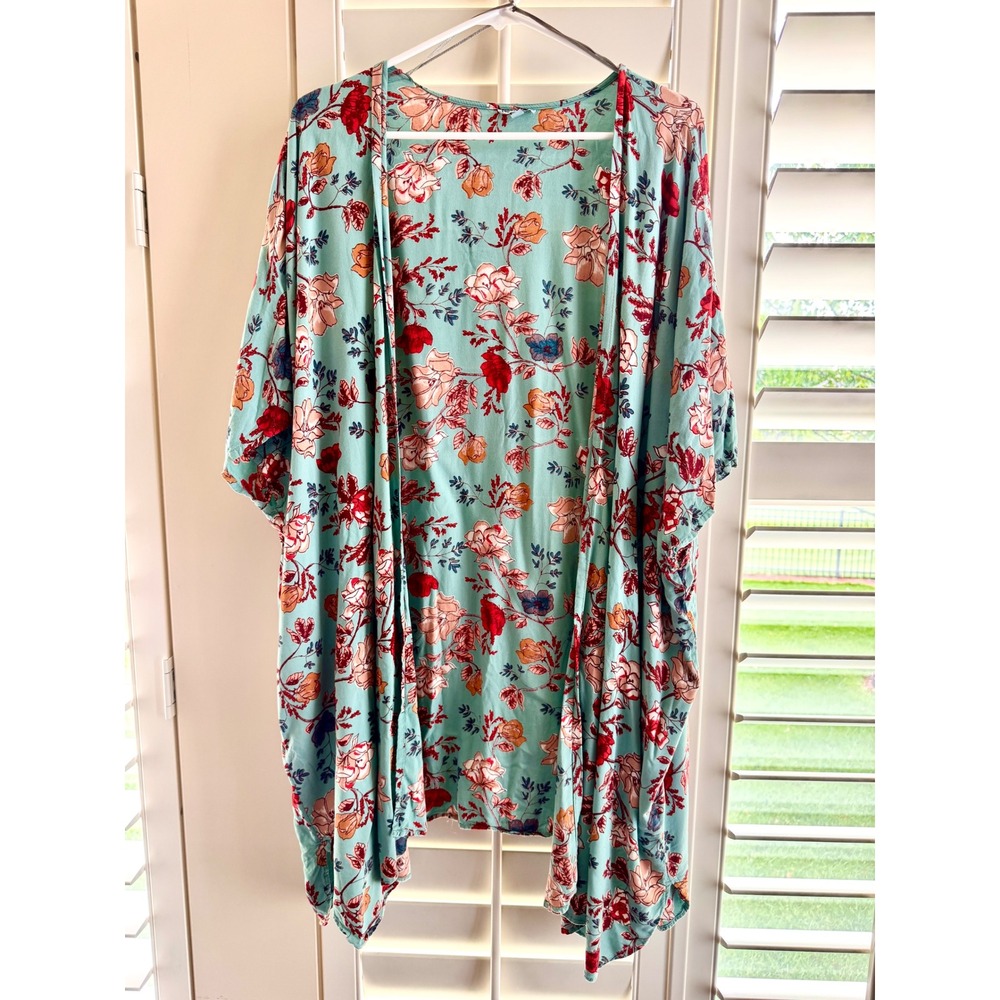 Nostalgia Floral Kimono Cardigan XL Mint Green Boho Rayon Open Front Wrap Cover